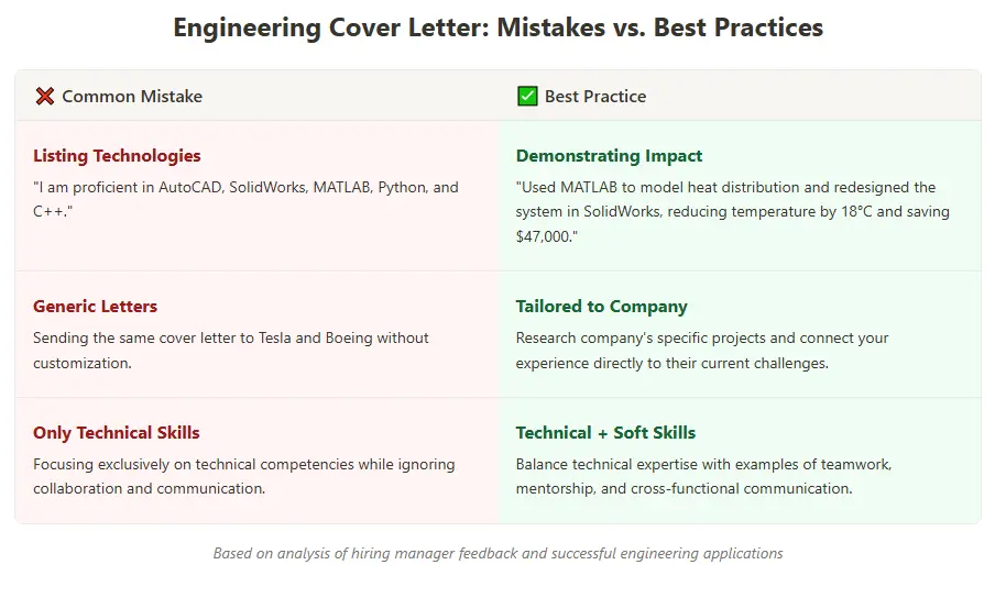 Comparison table showing common engineering cover letter mistakes versus best practices with examples of listing technologies versus demonstrating impact