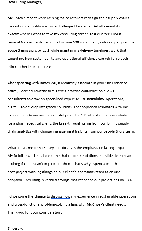 Improved personalized cover letter for McKinsey showing specific firm research, quantified achievements, and authentic voice