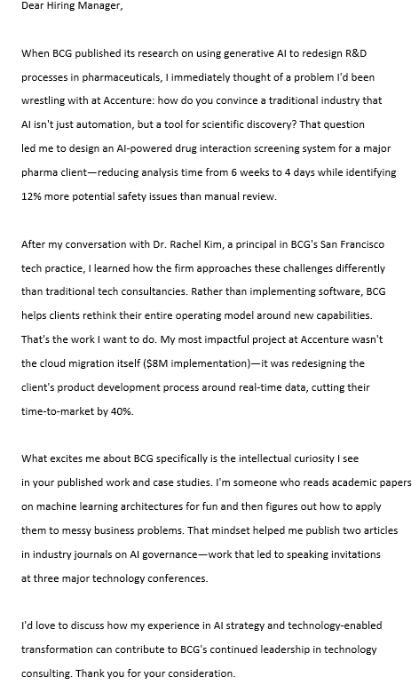 Improved BCG cover letter showing specific research publication reference, technical depth, and quantified AI project outcomes